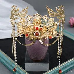 Luxury Traditional Chinese Headdress Set Ancient Gold Color Hairwear Headband Wedding Head Jewelry Bridal Hair Accessories