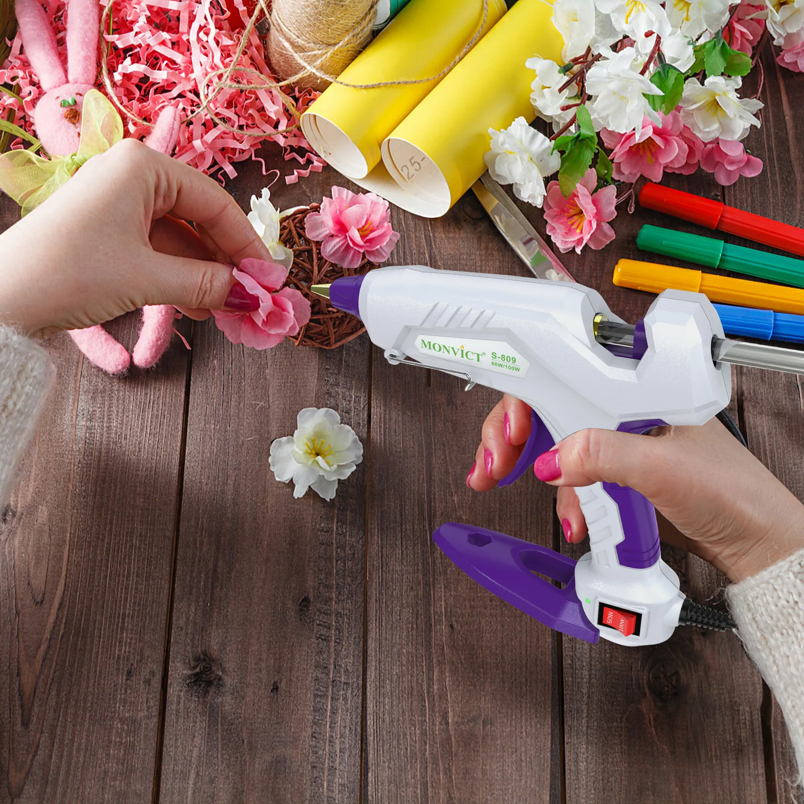 60/100W Hot Glue Gun, Full Size Dual Power Glue Gun Base Stand Kit with 15 Pcs 11x150 mm Glue Sticks and 3 Finger Protectors