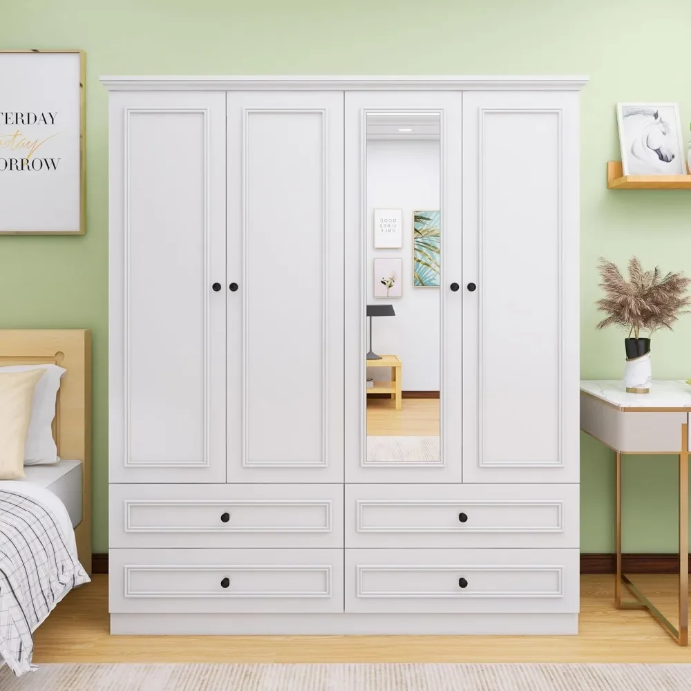 

Tall Wooden Armoire Wardrobe Closet White Mirror with 4 Doors, 2 Hanging Rods, 4 Drawers, Clothes Cabinet Large Storage