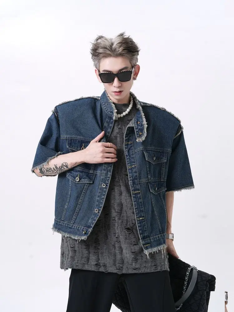 

oulder Padded ort Sve Men's Denim Jaet American Retro High Street Sle Faionable Cotton Blend Spring Autumn Jaet