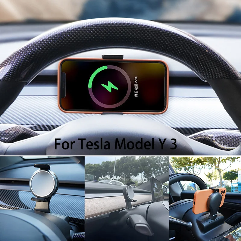 

For Tesla Model 3 Y Car Mobile Phone Holder Steering Wheel Wireless Charger Bracket Center Console Interior Accessories