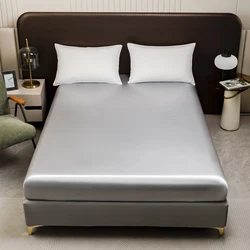 Gray Satin Silk Fitted Bed Sheet Smooth Soft Bed Covers for Summer Twin/Full/Queen/King Ice Coolling Mattress Cover Bed Sheets