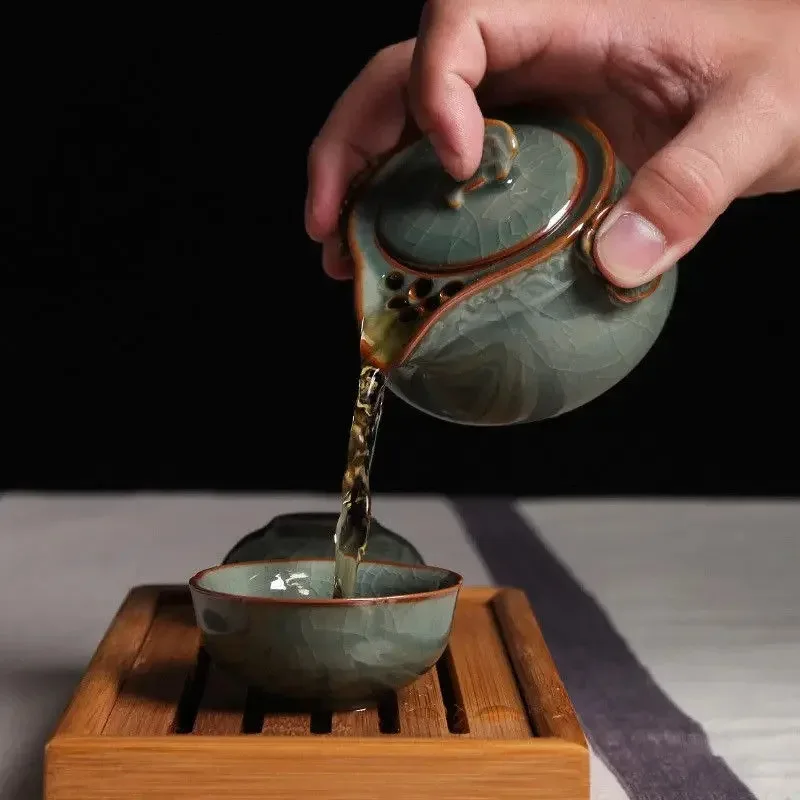 China Ceramic Longquan Celadon Portable Kung Fu Gaiwan Tea Set A Pot and Two Cup Teacup Dropshipping