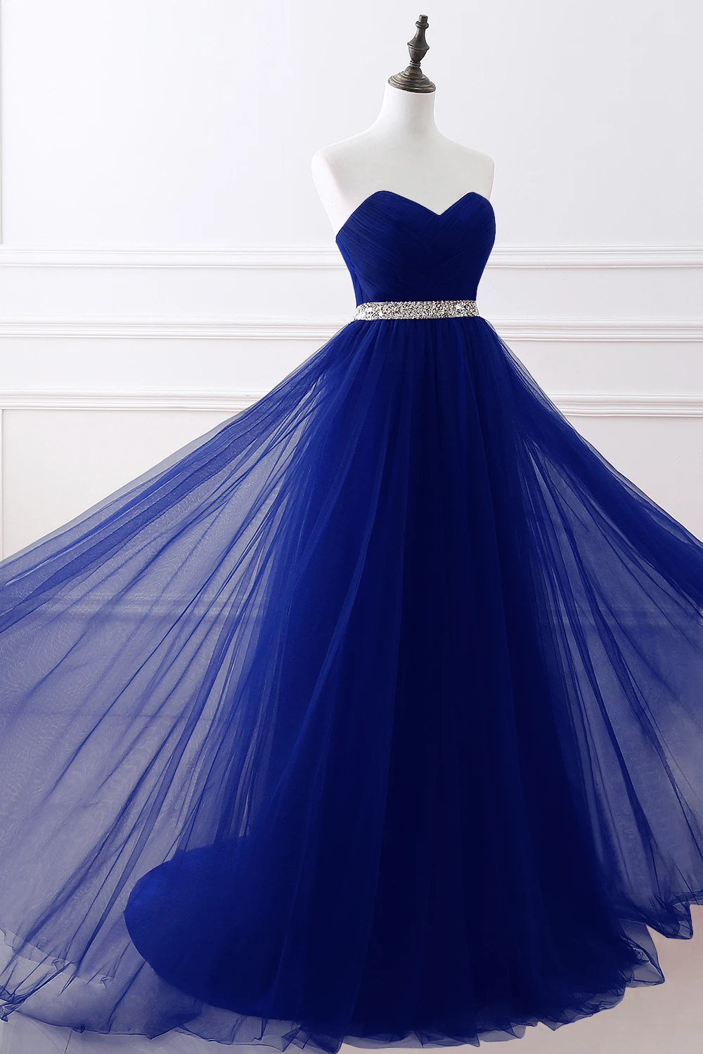 A-line Strapless Tulle Royal Blue Evening Dresses Lace Up Crystal Sequin Formal Party For Bride Sexy Prom Gown Wedding Party