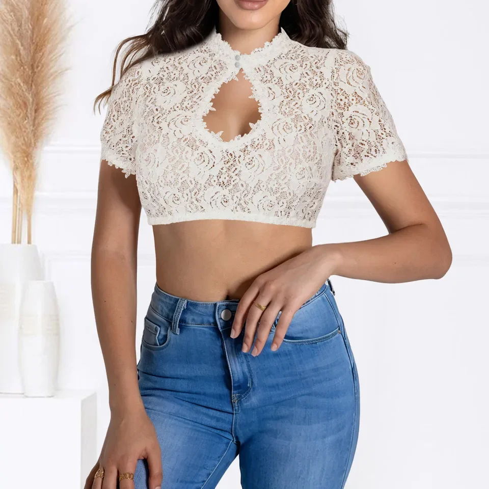 Women Traditional Blouse Short Sleeve Elegant Dirndl Blouse Deep Hollow Sexy Beer Button Crop Tops For Women Blusas Para Mujer