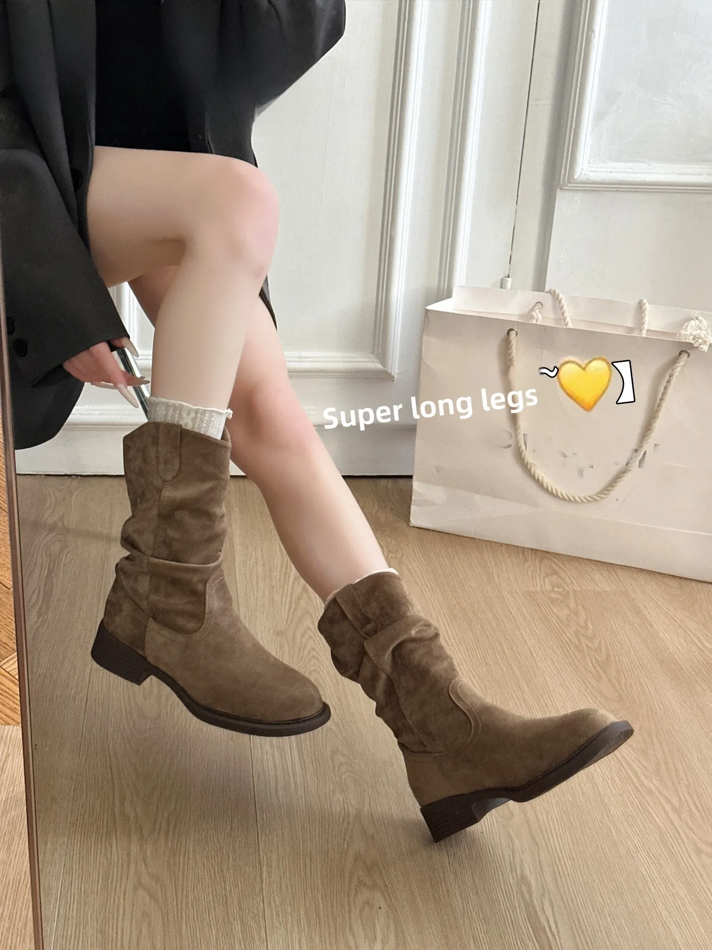 

Женские осенние сапоги до середины икры в стиле вестерн, ковбойские сапоги, водонепроницаемые, на платформе, с круглым носком, корейские стильные сапоги