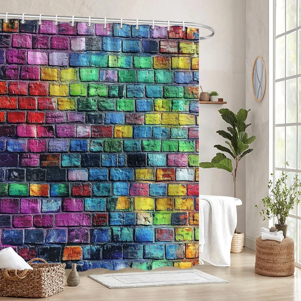 Colorful Brick Wall Shower Curtain - Rustic Abstract Design, Multicolor Bricks, Polyester,Machine Washable, Bath Decor