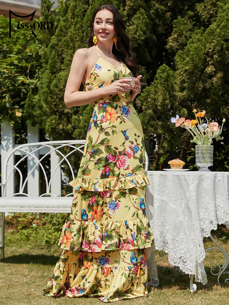 Missord-Robe longue à motif floral jaune pour femme, tenue de soirée, dos nu, coupe trapèze, vacances, plage, à plusieurs niveaux