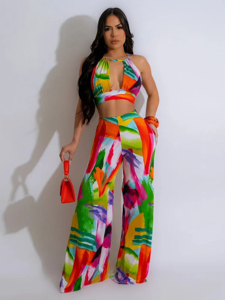 

Two-Piece Printed Short Lace Up Top, Fashionable Wide Leg Pants Over There