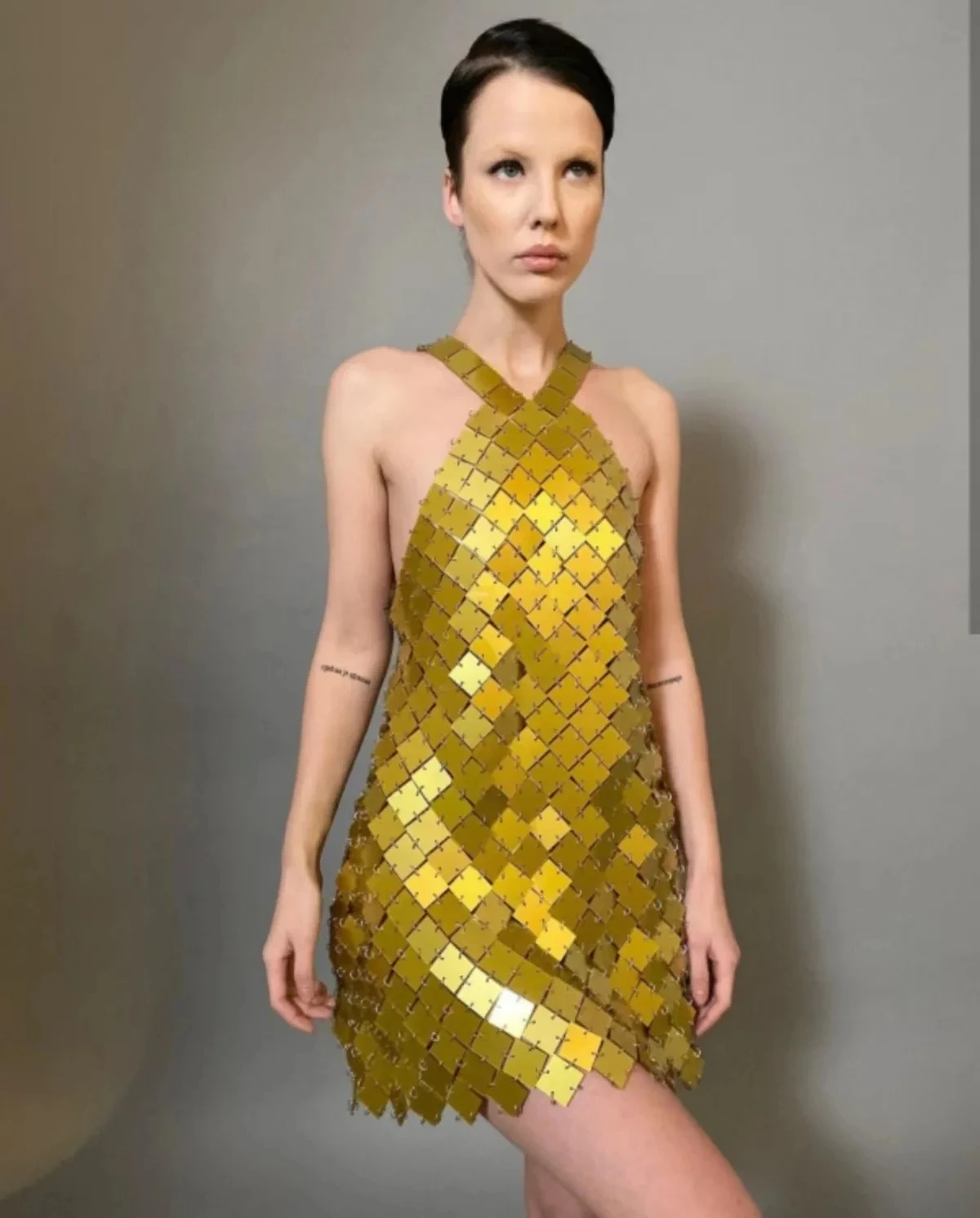Gouden rok dames zilver sexy mouwloze backless halter mini-jurk voor avondfeest vierkante schijf maliënkolder Halloween