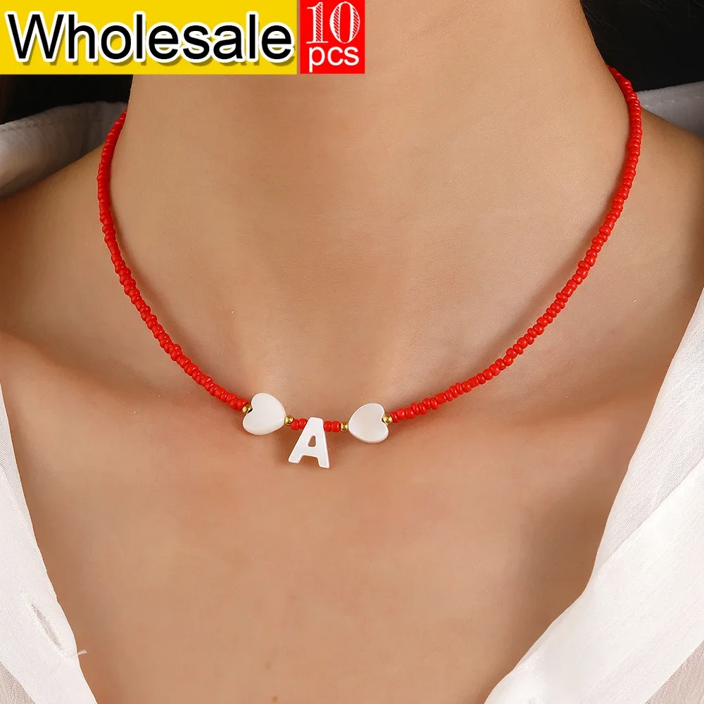 10PCS Bohemian Style Choker Neck Women Necklace Beike Initial Letter Red Rice Bead Necklaces Women's Jewelry wholesale