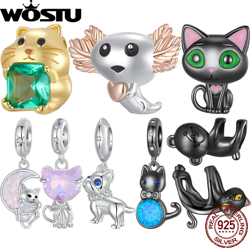

WOSTU 925 Sterling Silver Pet Charms Enamel Colorful Cat Dog Beads Plated Black Gold Pendant Original for Women Bracelets DIY