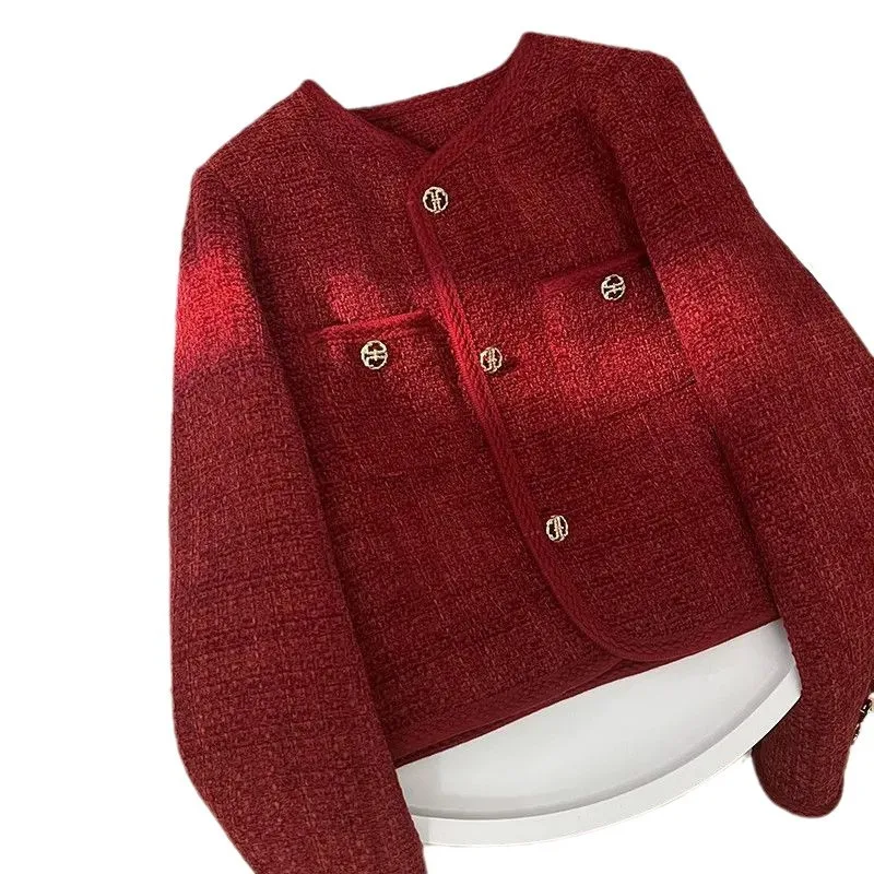 خريف شتاء موضة جديدة الخشنة الصوفية المرأة الأحمر الصغيرة عبق نمط سترة الاجتماعية الفرنسية الإناث البنطال القصير