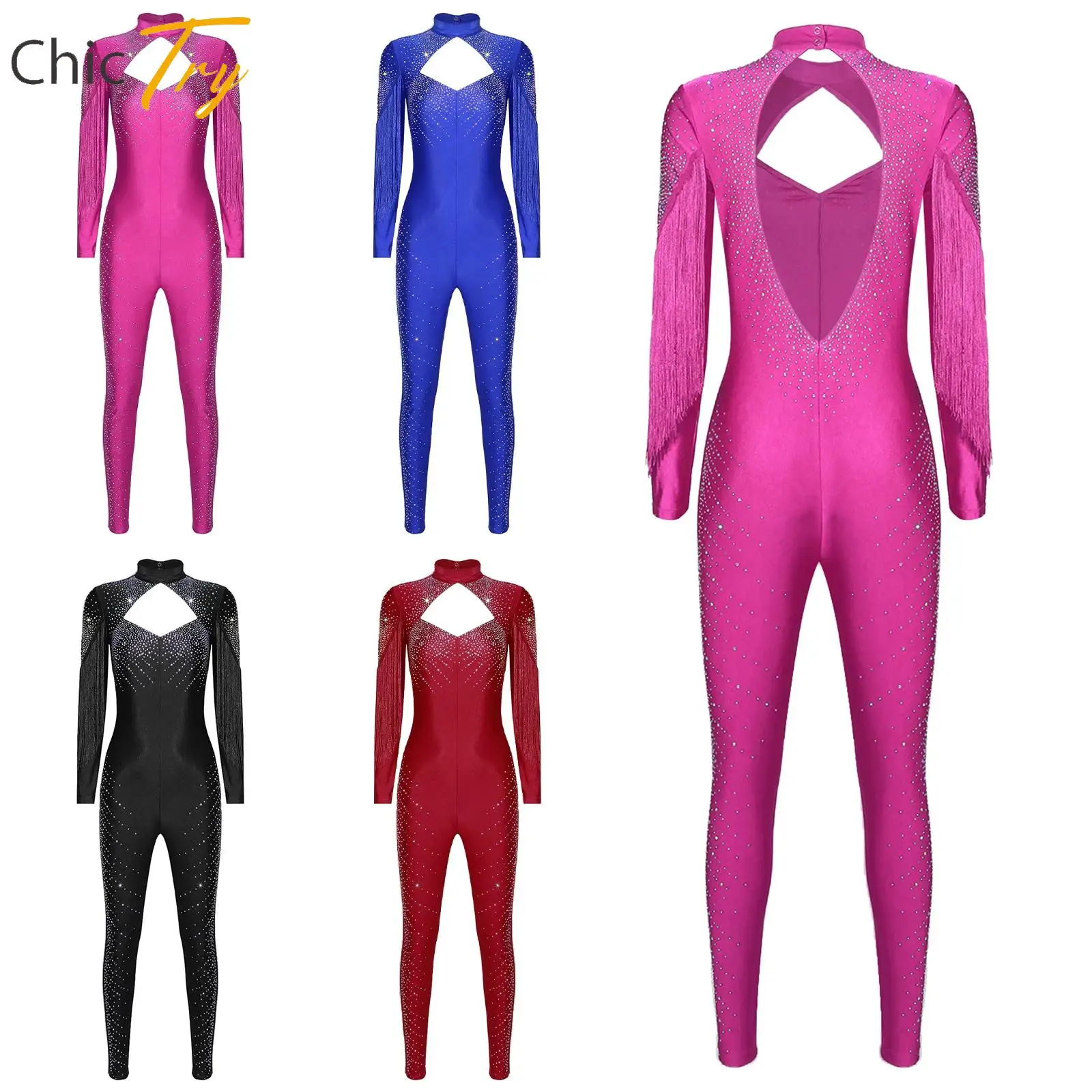 

Womens Rhinestone Figure Skating Jumpsuit Ballet Latin Dancing Gymnastics Costume Long Sleeve Tassel One-piece Rompers Bodysuit