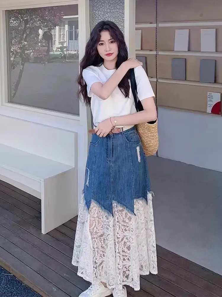 Unique Korean Design Lace Splicing Slimming Half Skirt High Waist A-Line Midi Skirt for Women Beautiful Commute Style
