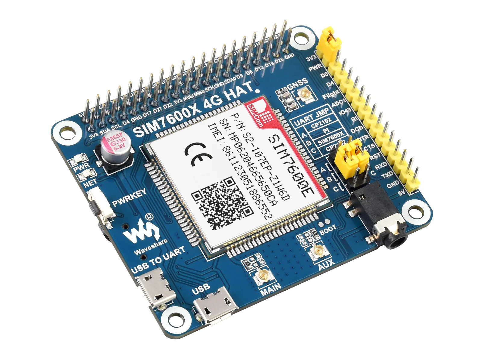 

SIM7600E LTE Cat-1 HAT for Raspberry Pi, 3G / 2G / GNSS as well, for Southeast Asia, West Asia, Europe, Africa