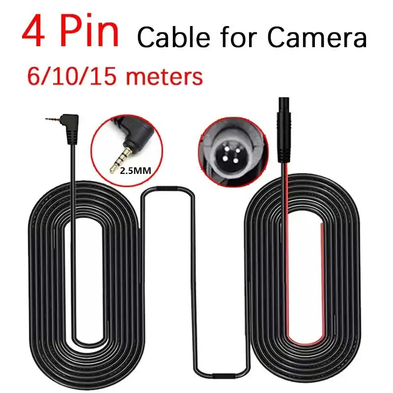 

6M/10/15Meters Dash Cam Cable Extension Cable Line Rear View 4 Pin 2.5mm jack AV-in Cable Camera Car DC12V Auto Accessories