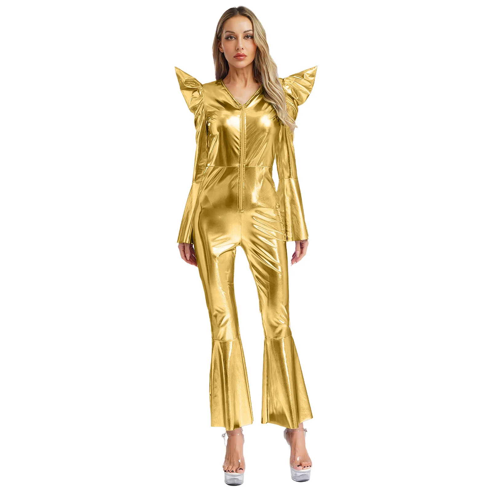 Vrouwen Retro Vintage jaren '70 Disco Outfit Glanzend Metallic Jumpsuit Dans Bell Bottom Hippie Romper Clubwear Festival Halloween Kostuum