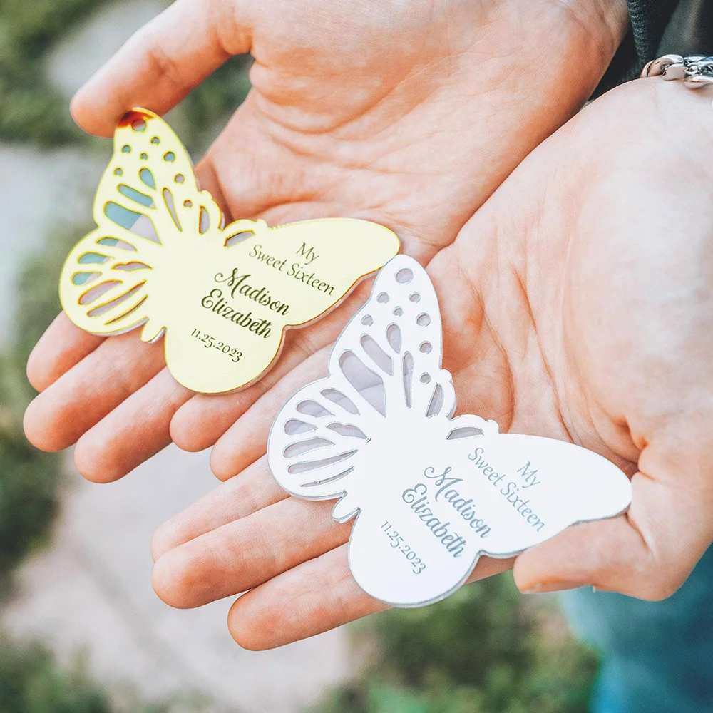 

50pcs Personalized Acrylic Tag with Magnet Butterfly Engraved Text Baby Shower Baptism Birthday Favors Wedding Party Decoration