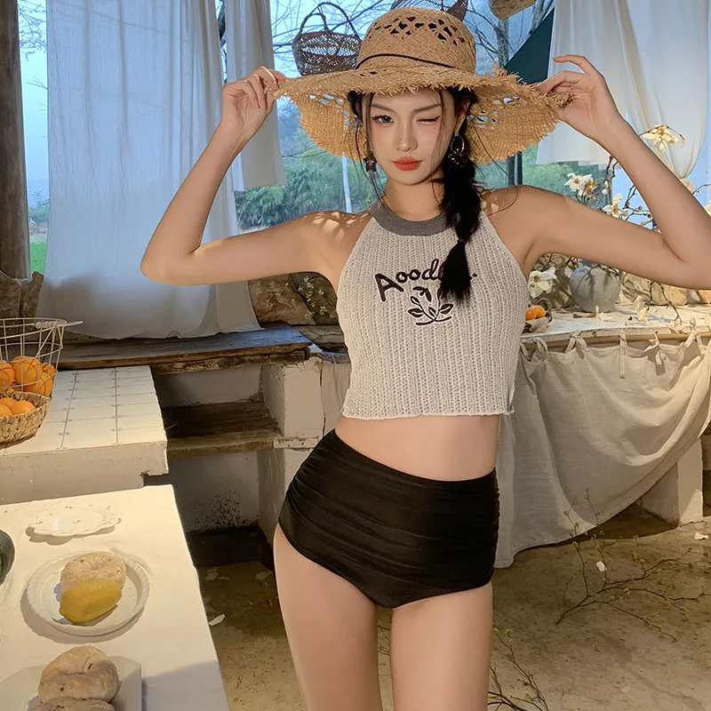 

2025 Korean version of split high-waisted swimsuit for women, conservative belly and thin breasts vacation hot spring swimsuit
