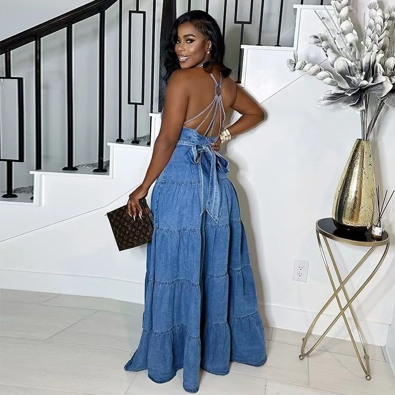 Mulheres sem mangas com decote em v cinta denim vestido longo cintura alta ruched festa de férias noite streetwear em camadas maxi vestidos
