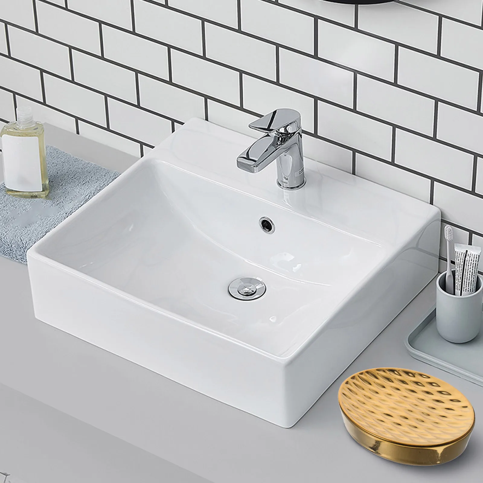 

Ceramic Gold Plated Soap Dish Simple Elegant Design for Bathroom Kitchen Vanity Countertop Decorative Drainable Soap Holder