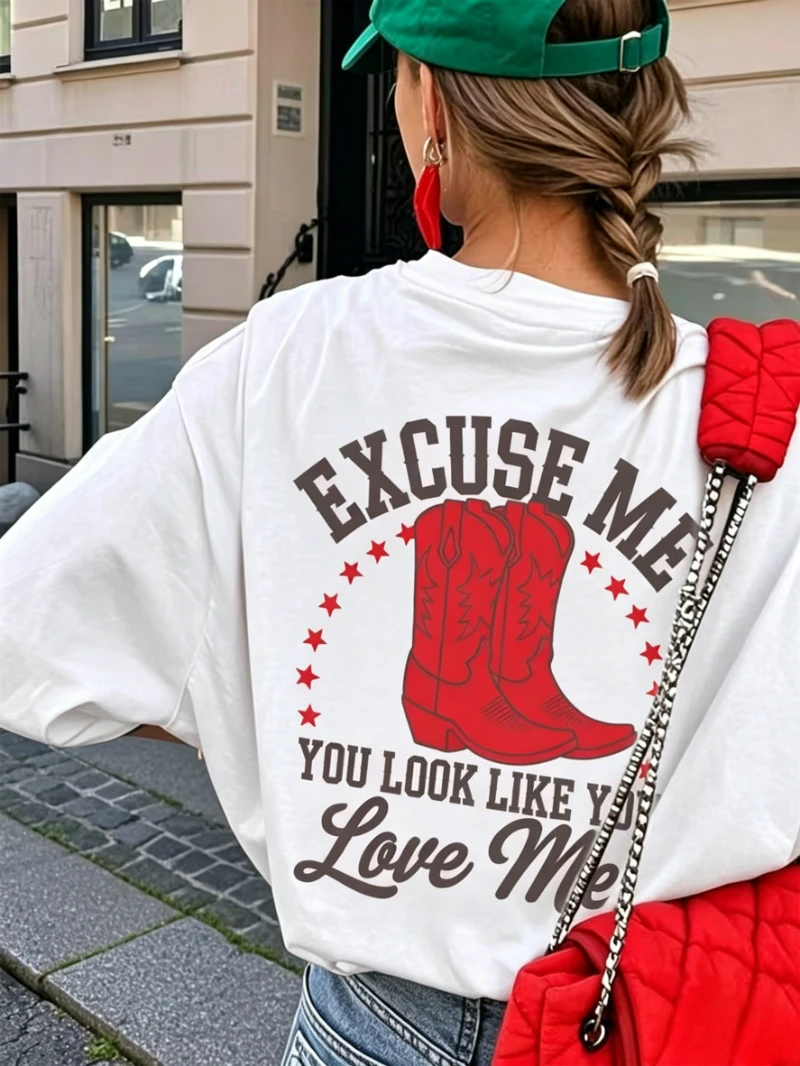 Excuse Me Love Me Print T-shirt Western Cowboy Boot Graphic Short Sleeve Tops Women Casual Loose Streetwear Daily Wear Tee