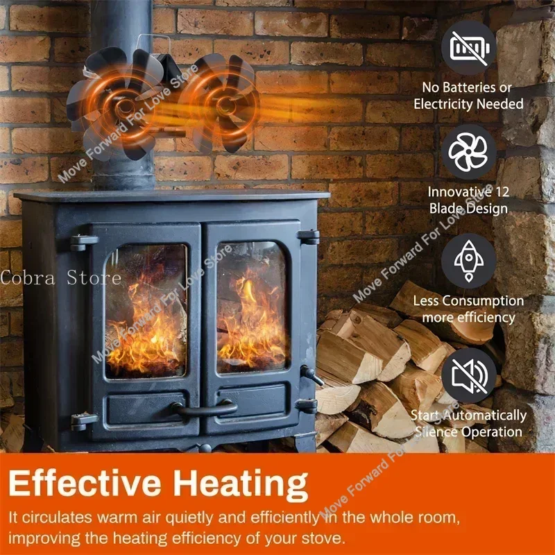 مروحة موقد تعمل بالطاقة الحرارية 12 شفرة مروحة موقد حرق الأخشاب لحرق السجل الصامت توفير الطاقة مزدوجة 6 شفرات مروحة مدفأة الحطب