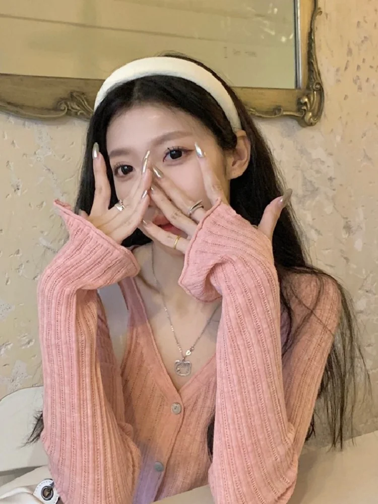 

Розовый вязаный кардиган Pure Desire с v-образным вырезом, женский тюре с утягивающим поясом, модный летний облегающий топ Ele Top