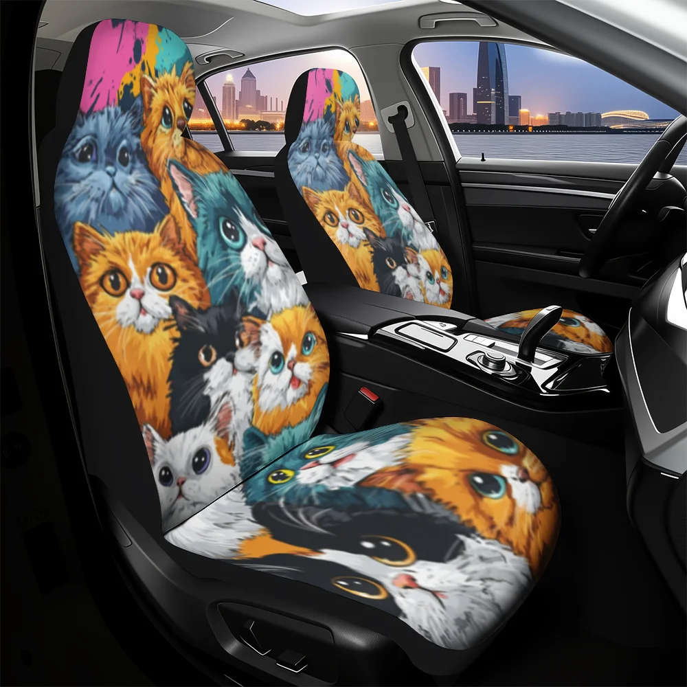 2pcs, Unique Colorful Cats Portrait Drawing Charming Pattern Car Seat Covers, Soft And All Season Use, Compatible With Cars, SUV