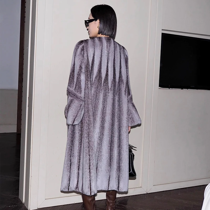 Ftangaiur Winter Coat For Women Import Cross Velvet Mink Fur Coat Women's Flare Sleeve X-Long Simplicity Real Mink Fur Coats