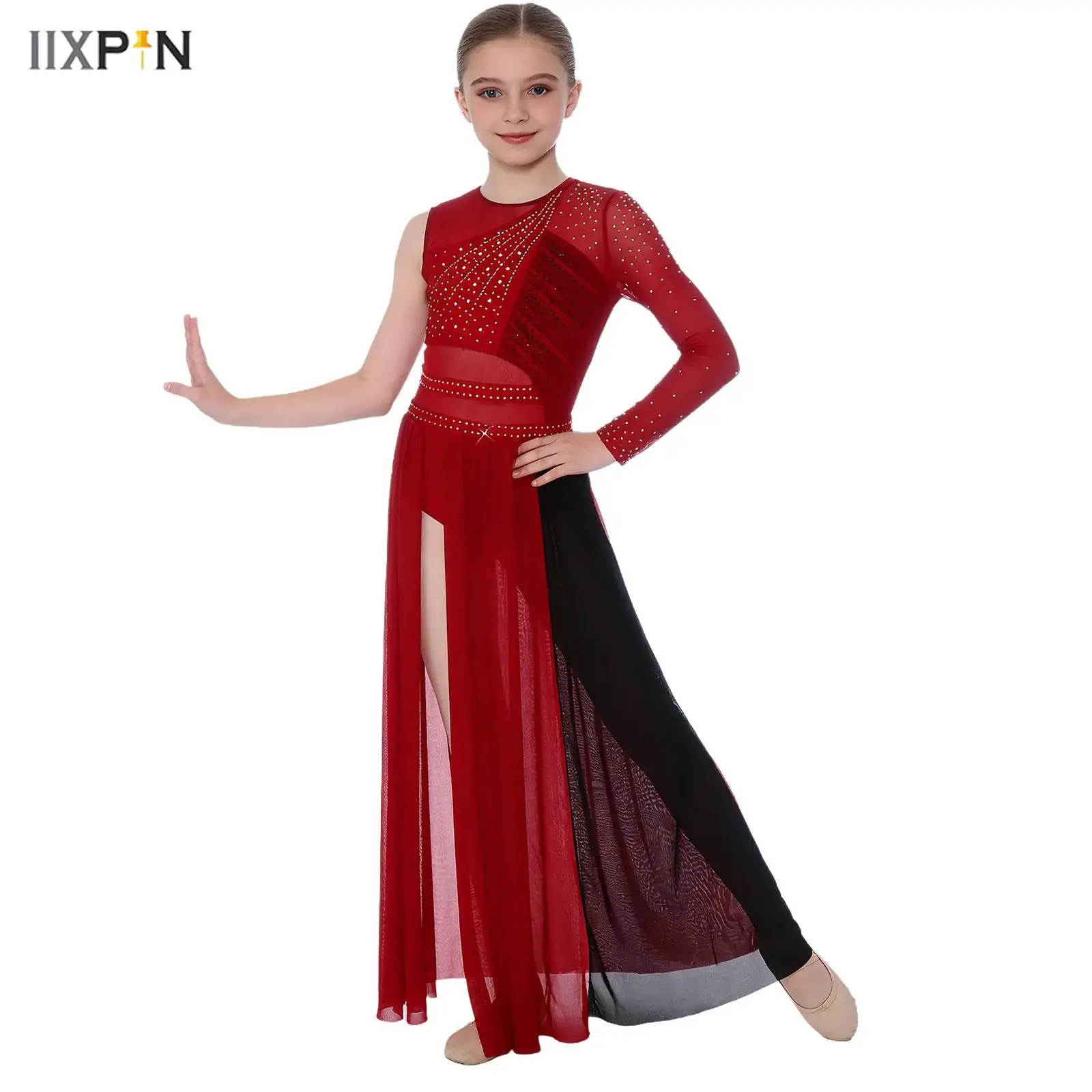 

Kids Girls Lyrical Ballet Dance Dress Sparkly Rhinestones Back Zipper Color Block Patchwork Side Split Mesh Hem Leotard Dress