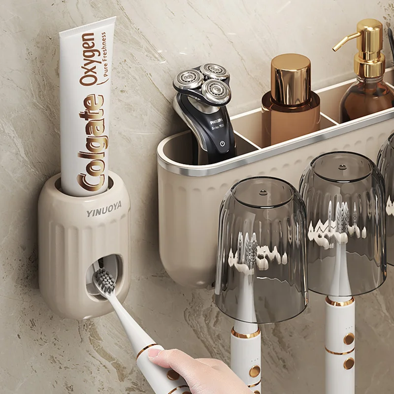 Wall-mounted Toothbrush Holder No Punching Multifunctional Toothbrush Rack Toothpaste Squeezer Storage Box Bathroom Accesories