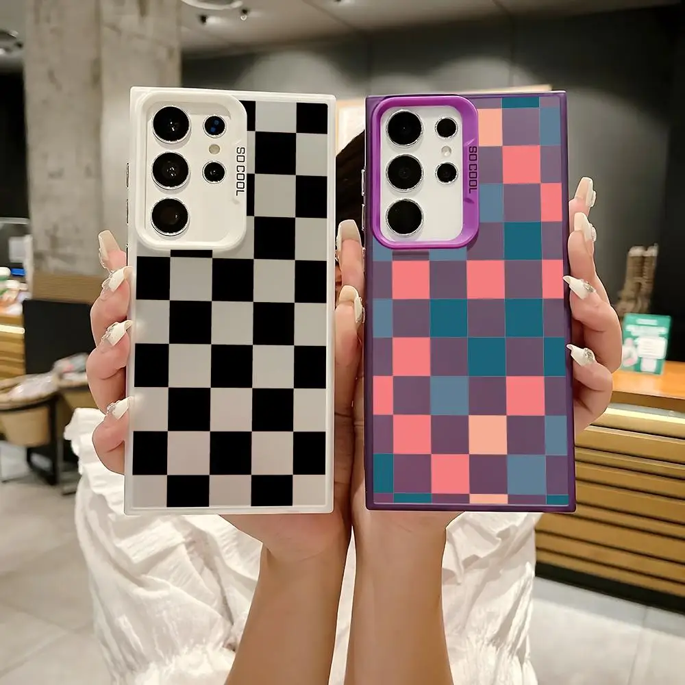 Chessboard Phone Case For Samsung Galaxy S25 Edge S24 S23 S22 S21 S20 Ultra Silicone Colorful Silver Phone Case