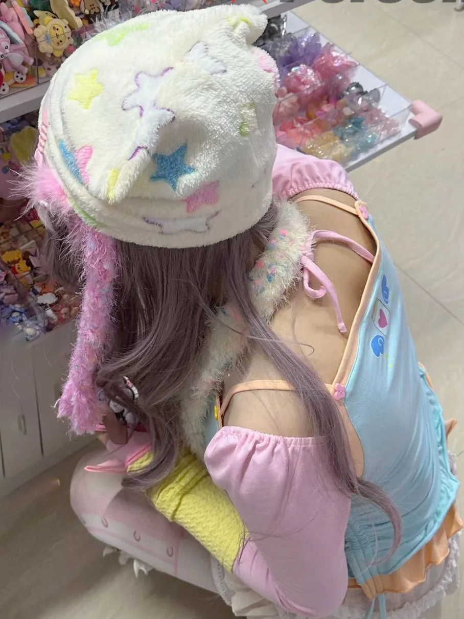 

Adorable Star Ear Braid Inteated Hat for Women Autumn Winter Vintage Millennium Y2K Scarf Ne Warmer