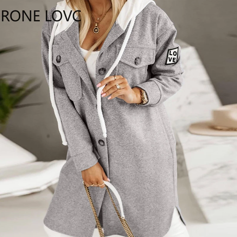 

Women Hooded Tape Pocket Button Long Sleeves Long Straight Casual Shirt Jacket Tops