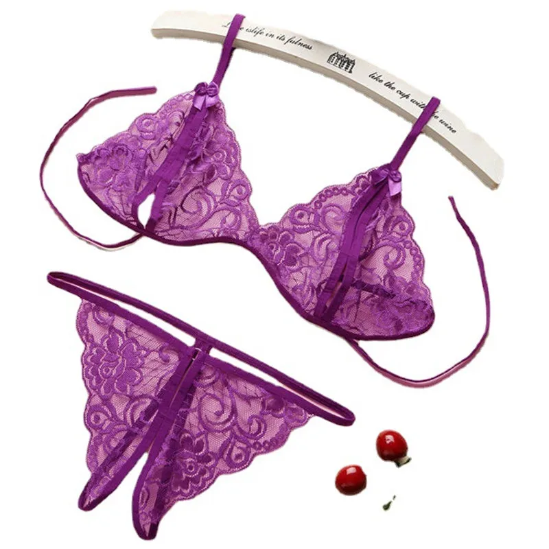 Conjunto de lencería Sexy con cordones para mujer, ropa interior transparente de entrepierna abierta exótica caliente, Bikini de vendaje de tanga, conjunto de tres puntos