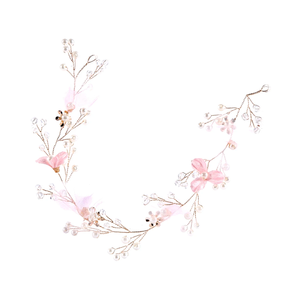 

Pink Hair Band Headdress Wedding Bridal Headpiece Ribbon Pearl Beads Flower Decorations Elegant Style Lightweight Comfortable