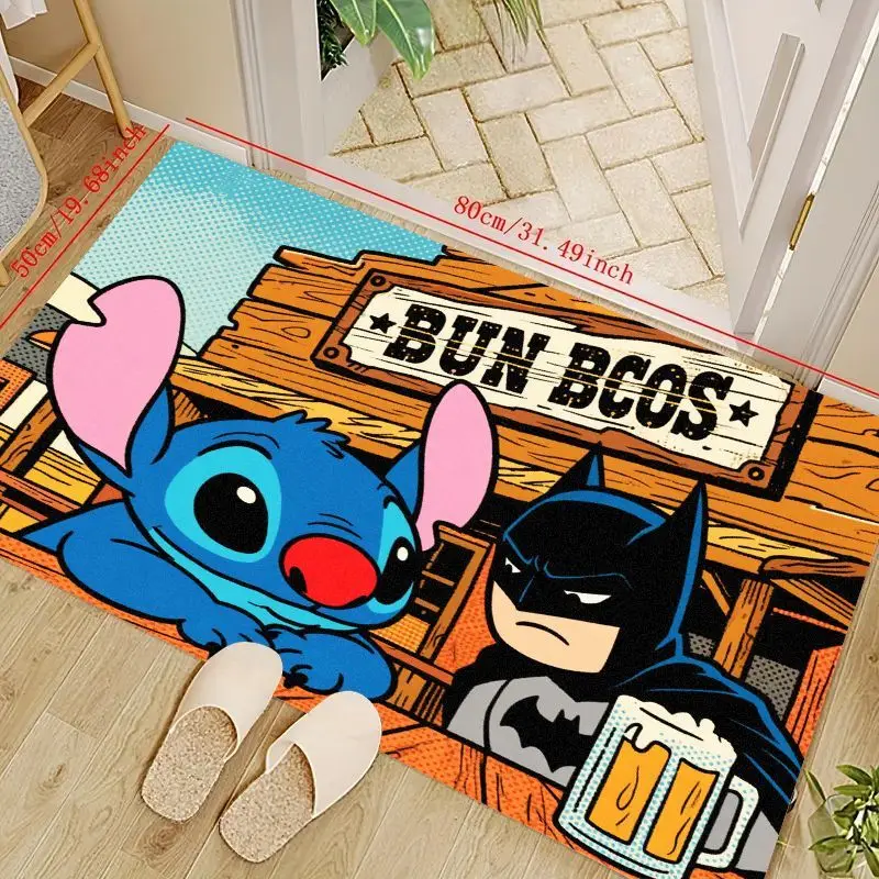 

1PC Funny Cartoon Stitch & Batman Crossover Floor Mat, Unique Superhero Comic Theme Non-Slip Area Rug for Home Decor, Absorbent