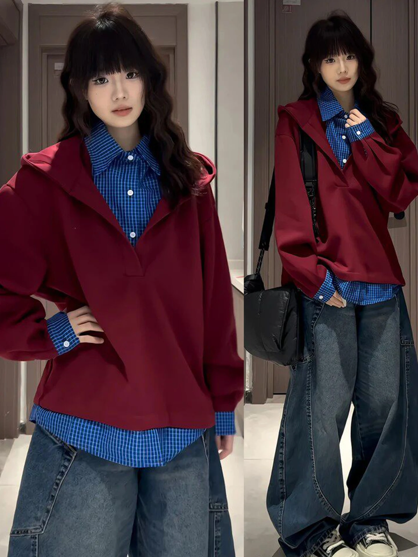 Heavyweight Plaid Shirt Collar Hoodie Unisex Spring Comfortable Long Sleeve Casual Outerwear Youth Trendy College Style