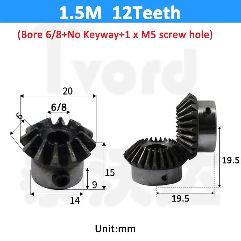 

1pc Bevel Gear 1.5M 12/16/18/20/25 Teeth Bore 6/8/10/12/14/15/16mm Gear 90 Degrees Meshing Angle Steel Gears Screw M5 No Keyway