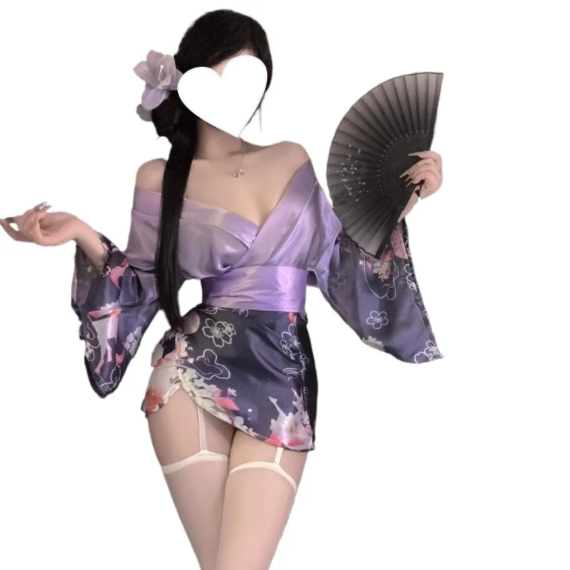 

Japanese Cute Kimono Sexy Cosplay Uniform Soft Silk Bow Belt Purple Pink Traditional Style Costumes Pajamas Perspective Lingerie