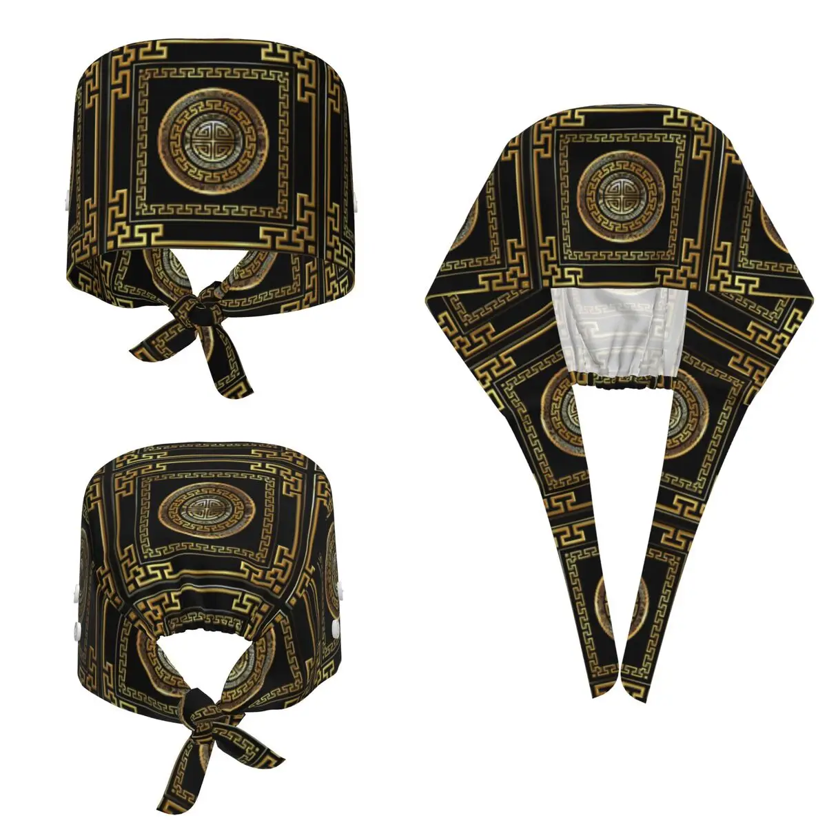 Greek Key Meander Black Gold Large Scrub Hat Doctor Working Surgical Cap Unisex Adjustable Nursing Caps for Dentist