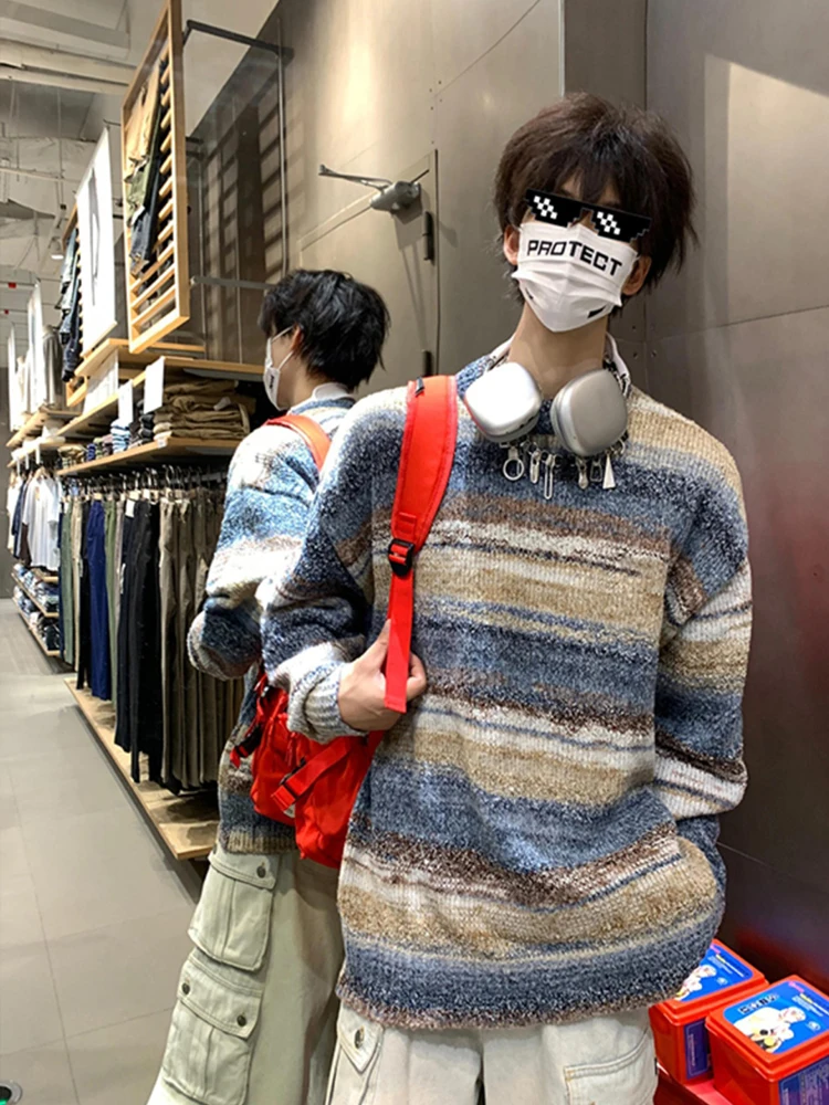 

Мужской трикотажный джемпер с круглым вырезом, в полоску, свободного кроя, повседневный, из полиэстера, с длинными рукавами, осенний топ