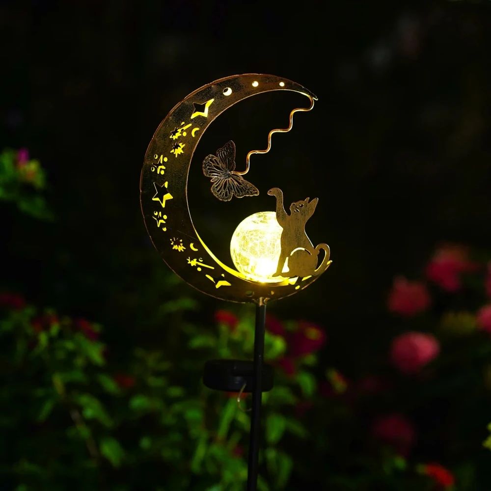 Solar Cat Moon Shaped Iron Lamp Outdoor Garden Decorative Lighting Automatic Sensor Solar Powered Outside Backyard Lights