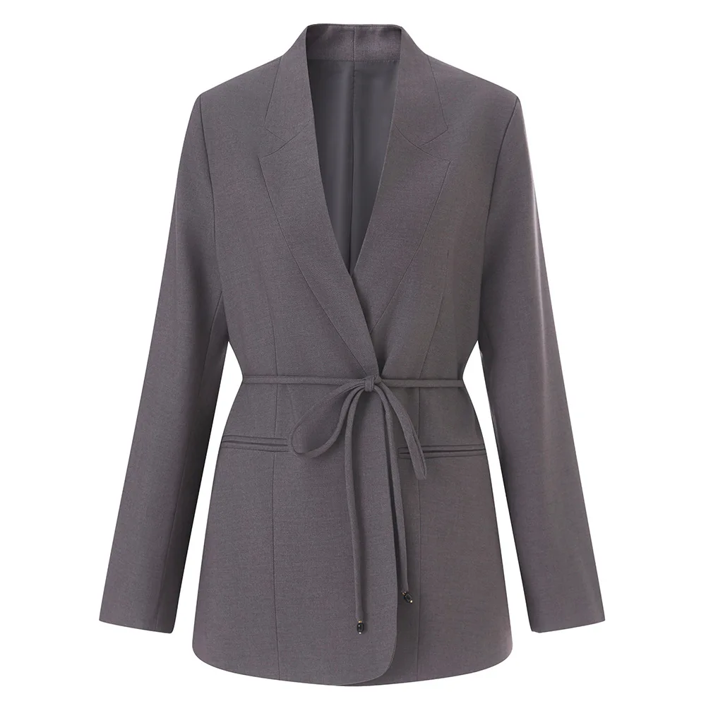 

Women 2025 Summer Fashion With Pockets Solid Lace-Up Blazer Vintage Loose Casual Long Sleeves Female Office Lady Outfits