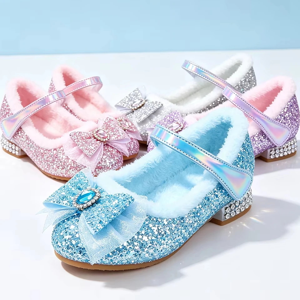 Winter Fleece Little Girls Princess Mary Jane High Heels Shoes Halloween Cosplay Christmas Masquerade Party Shiny Crystal Shoes