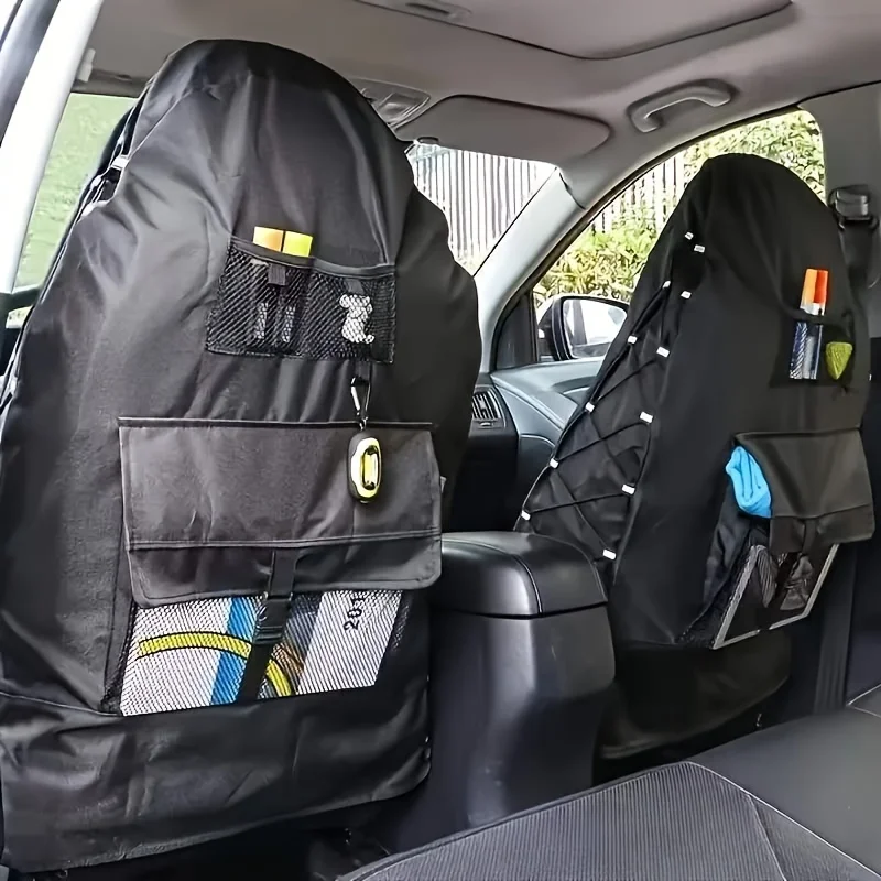 Car Front Seat Cover Waterproof Oxford Cloth Seat Protector Nonslip Backing Universal Cover with Organizer for Car Truck SUV Van