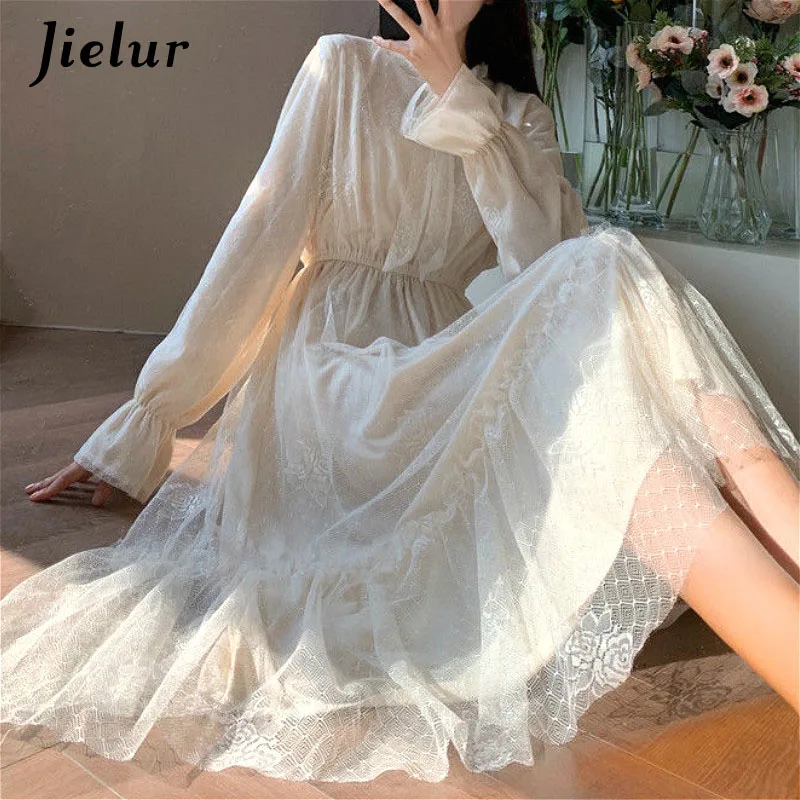 

Jielur White Elegant Dress Women Casual Long Sleeve Lace Fairy Party Dress Sweet High Waist Bow Female One-Piece Spring 2022