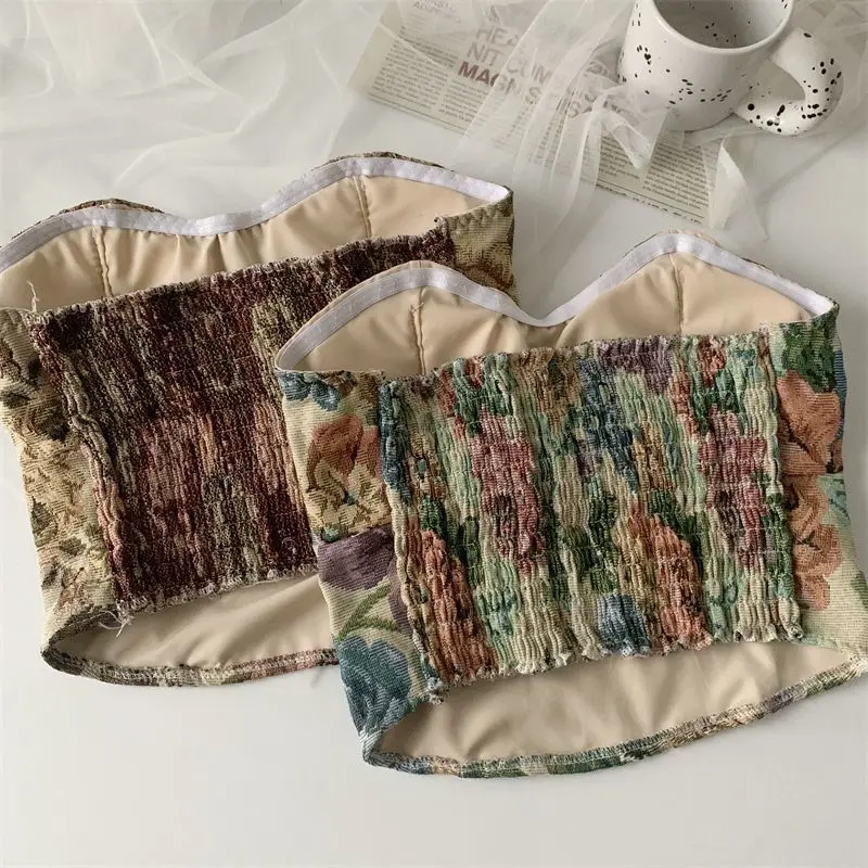 1 Piece Oil Painting Vintage Floral Bustier Tank Top Women with Bra Pads Outwear Beauty Back Wrap Backless Tops